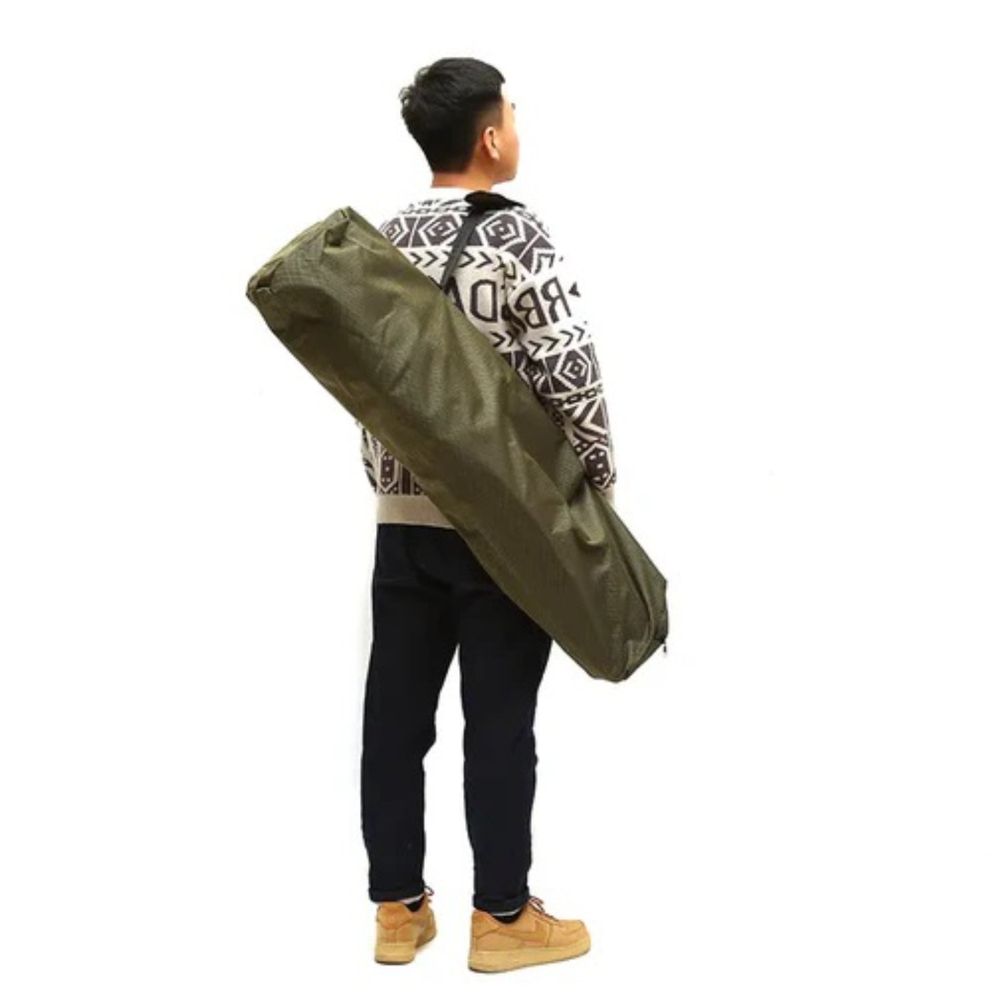 Heavy duty high-back camp chair folded and packed into carry bag with handle for easy transport to campsite