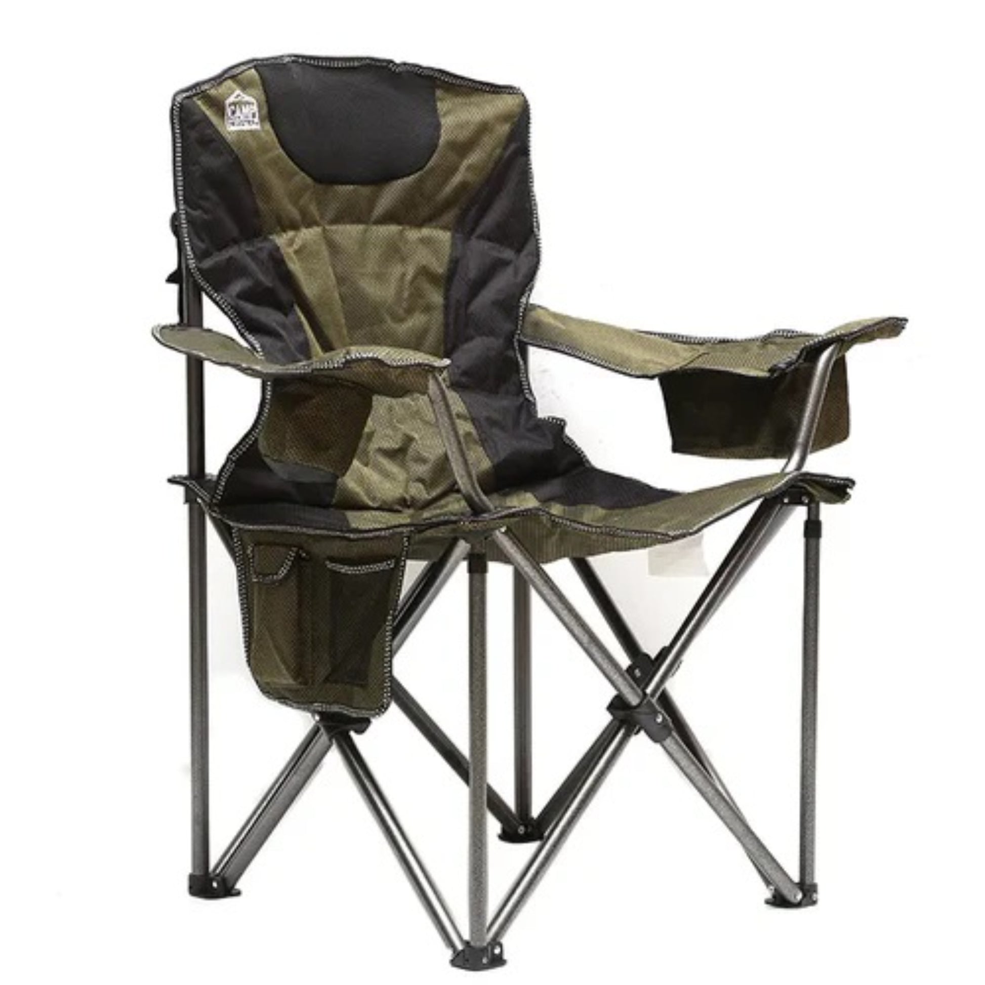 Heavy duty high-back camp chair in olive and black with padded headrest, cup holder on armrest and front side storage pockets