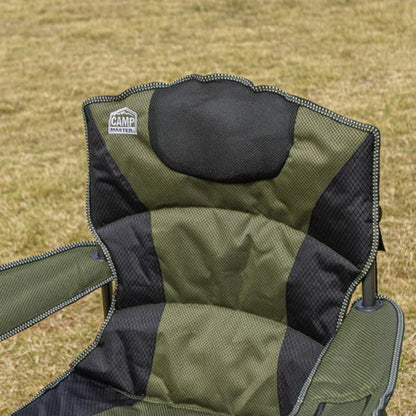 Heavy duty high-back camp chair in olive and black with padded headrest, cup holder on armrest and front side storage pockets