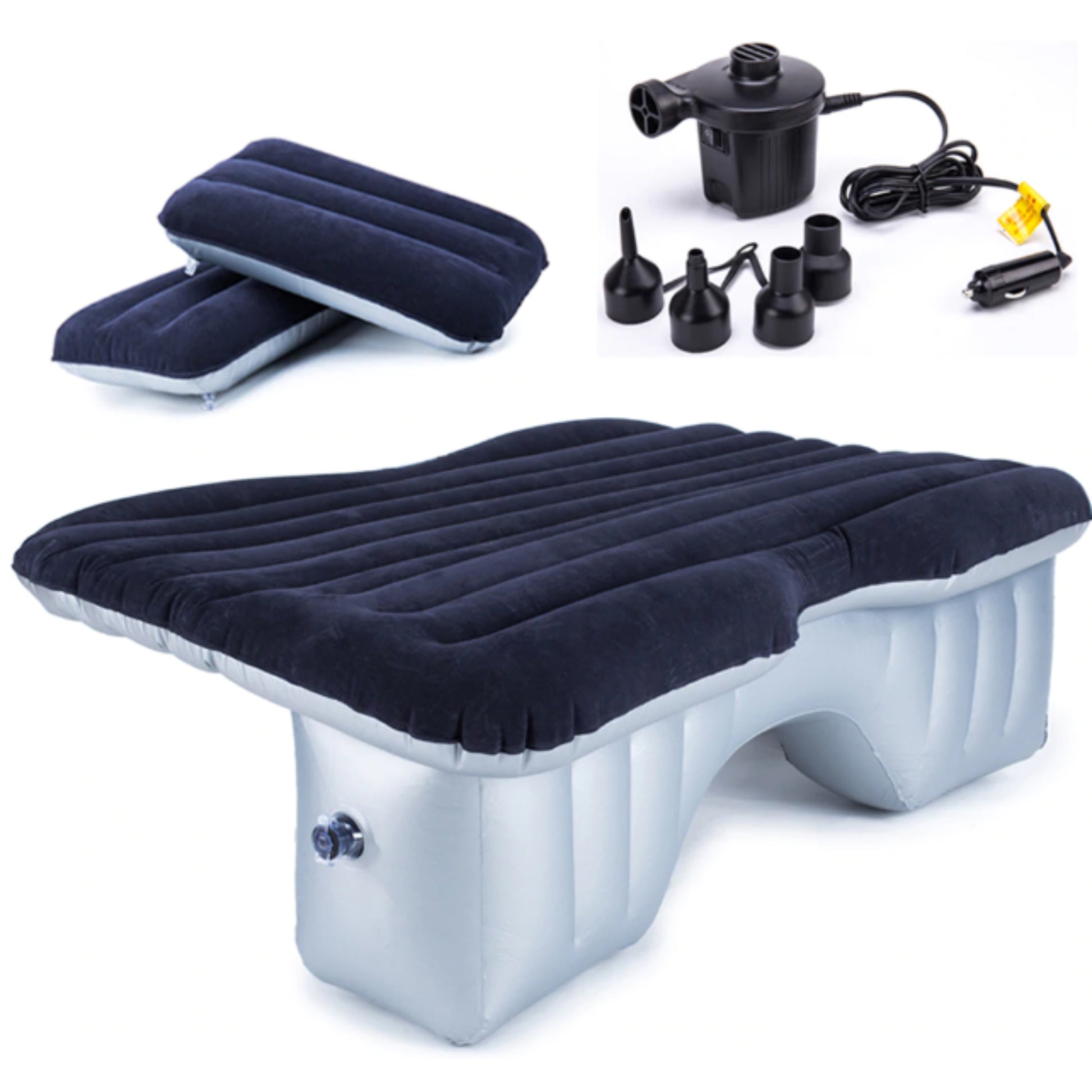 Inflatable car back seat mattress in navy blue and grey with 12V car pump, 4 nozzle adapters and 2 navy inflatable pillows