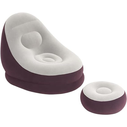 Inflatable lounge chair and matching ottoman set in burgundy and grey with contoured backrest and flocked surface at 122 x 94 x 81cm