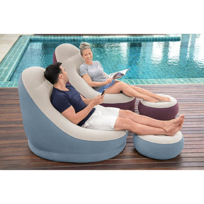 Comfort Cruiser inflatable lounge chair and ottoman set in use showing complete lounge setup for indoor and outdoor relaxation