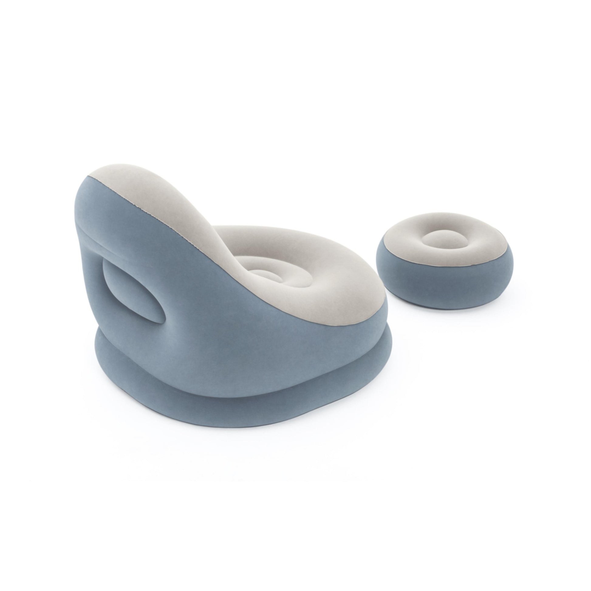 Close up of Comfort Cruiser matching inflatable ottoman footrest in burgundy and grey at 54 x 54 x 26cm