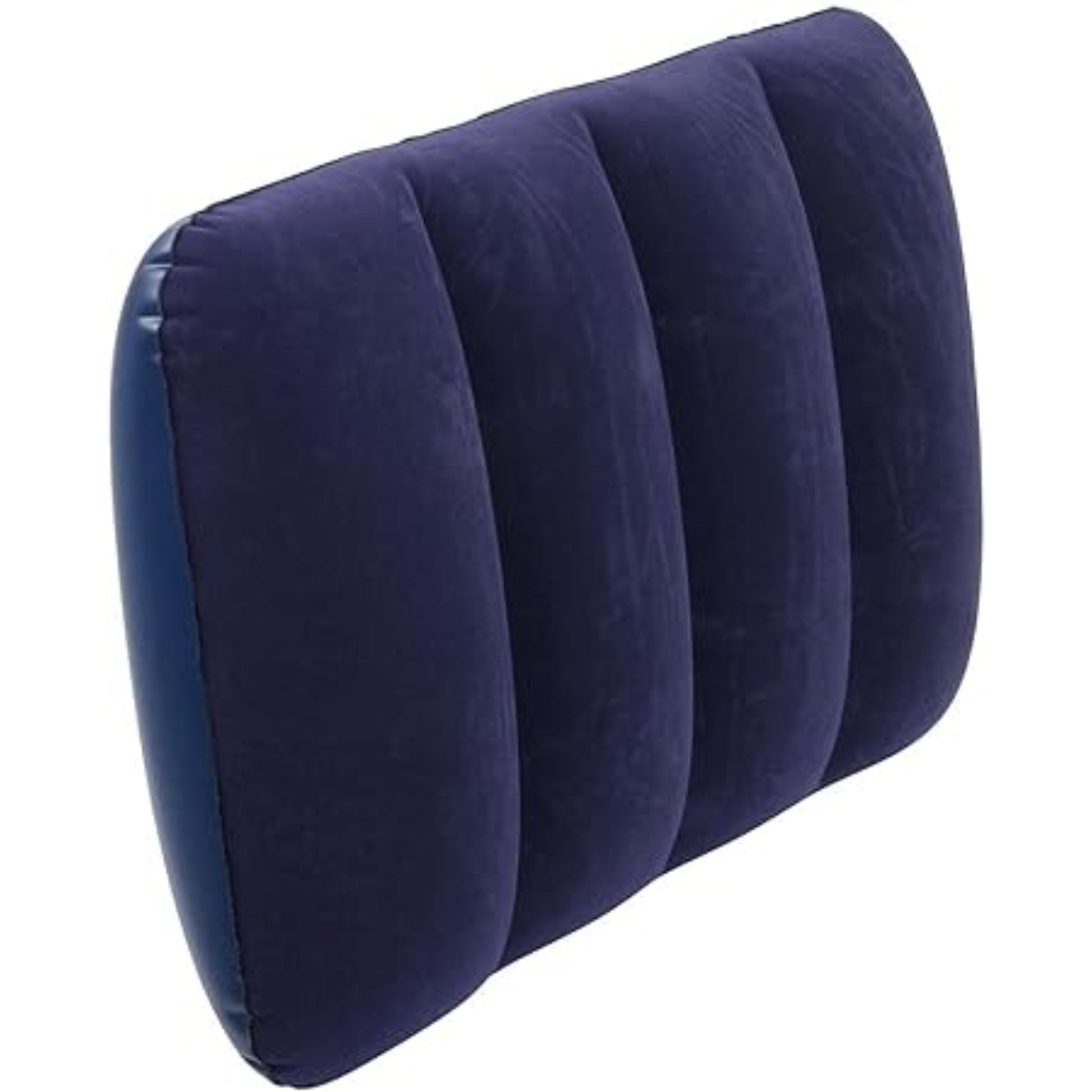 Inflatable travel pillow in navy blue with soft flocked velour surface and I-beam tube construction at 53 x 37cm