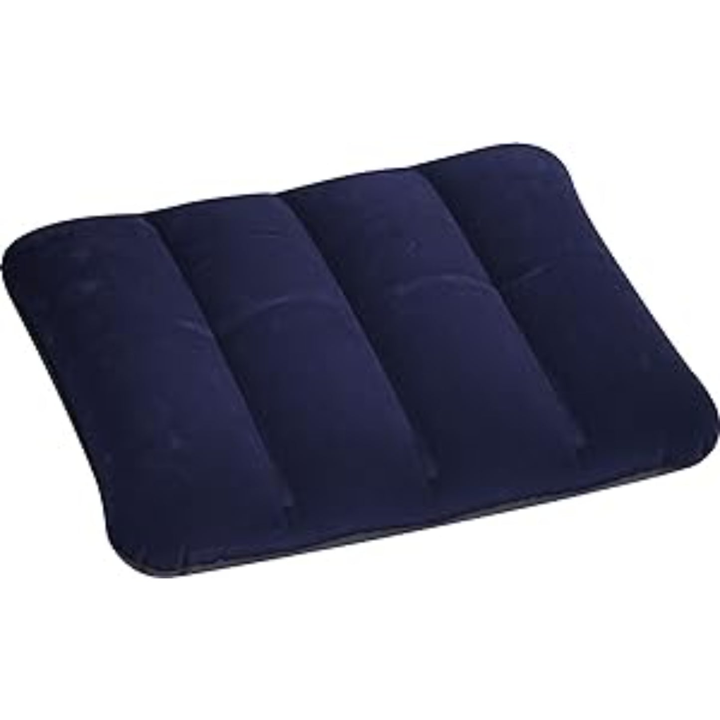Close up of inflatable travel pillow soft navy blue flocked velour coating that is comfortable and non-allergenic