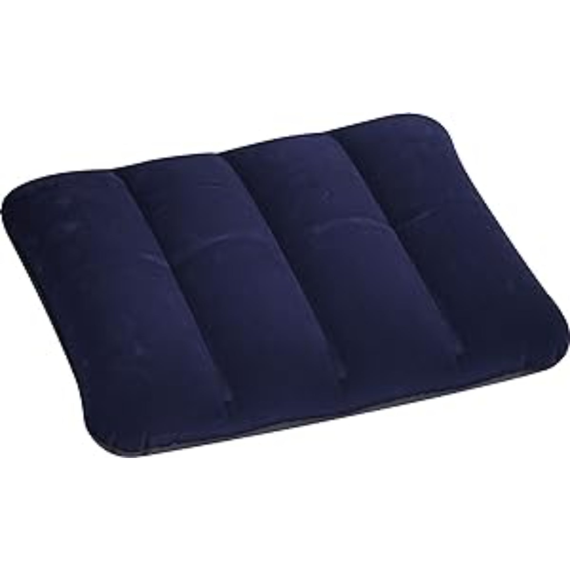 Close up of inflatable travel pillow soft navy blue flocked velour coating that is comfortable and non-allergenic