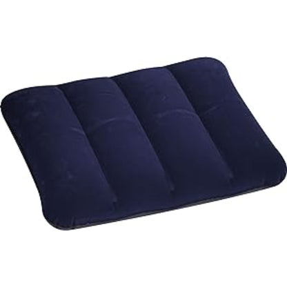 Close up of inflatable travel pillow soft navy blue flocked velour coating that is comfortable and non-allergenic