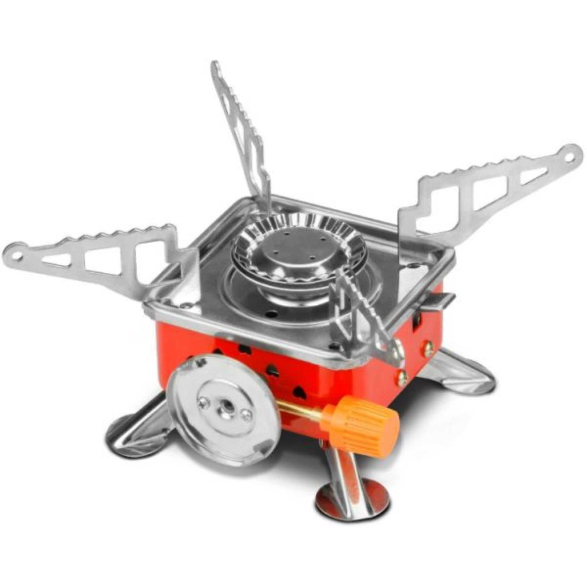 Mini square camping stove in red and stainless steel with foldable serrated pot supports and flexible braided extension hose