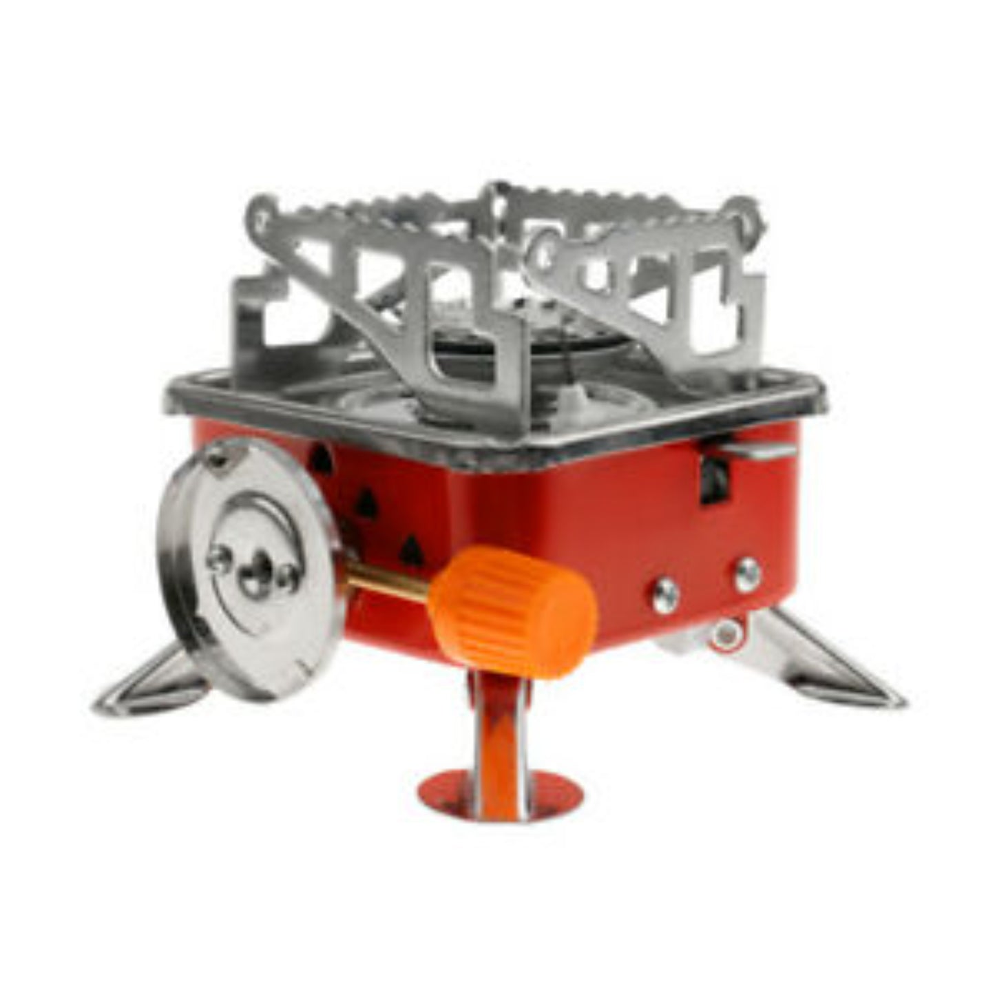 Mini square camping stove showing direct canister mount variant with orange piezo ignition and heat control knob