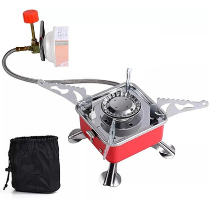 Close up of mini square camping stove four foldable serrated stainless steel pot support arms fully extended
