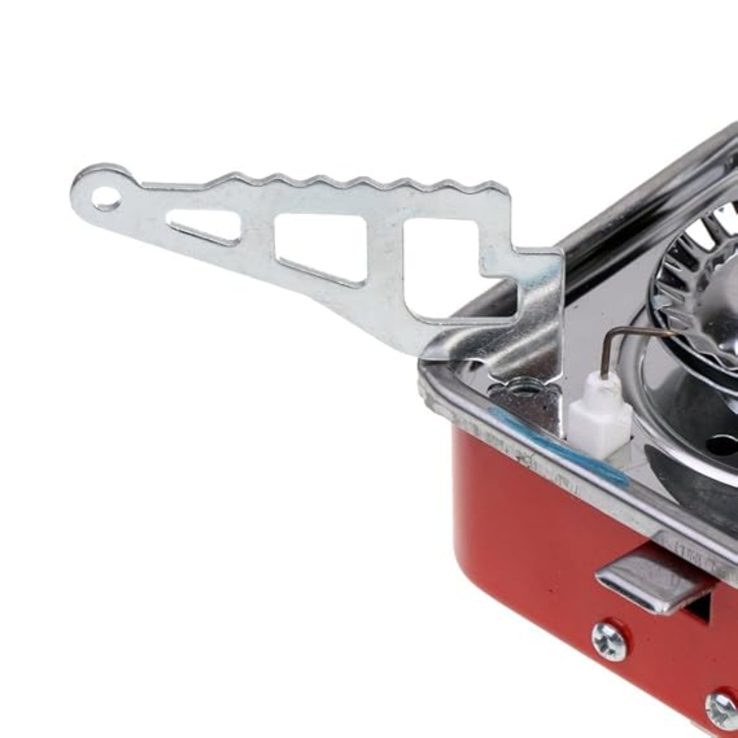 Close up of mini square camping stove piezo electric ignition button and orange adjustable heat control knob