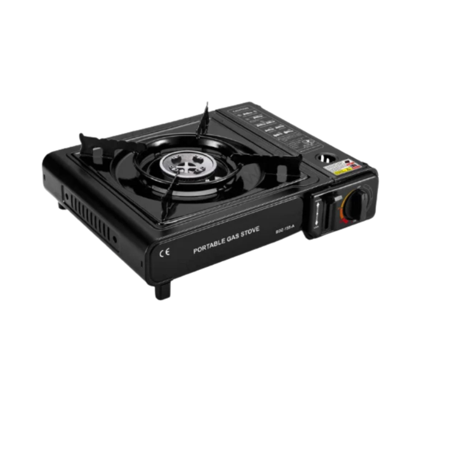 Portable 2900W butane cassette gas stove in gloss black metal with round burner, safety lock switch and heat control knob