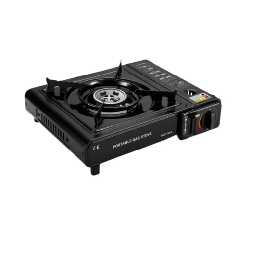 Portable 2900W butane cassette gas stove in gloss black metal with round burner, safety lock switch and heat control knob