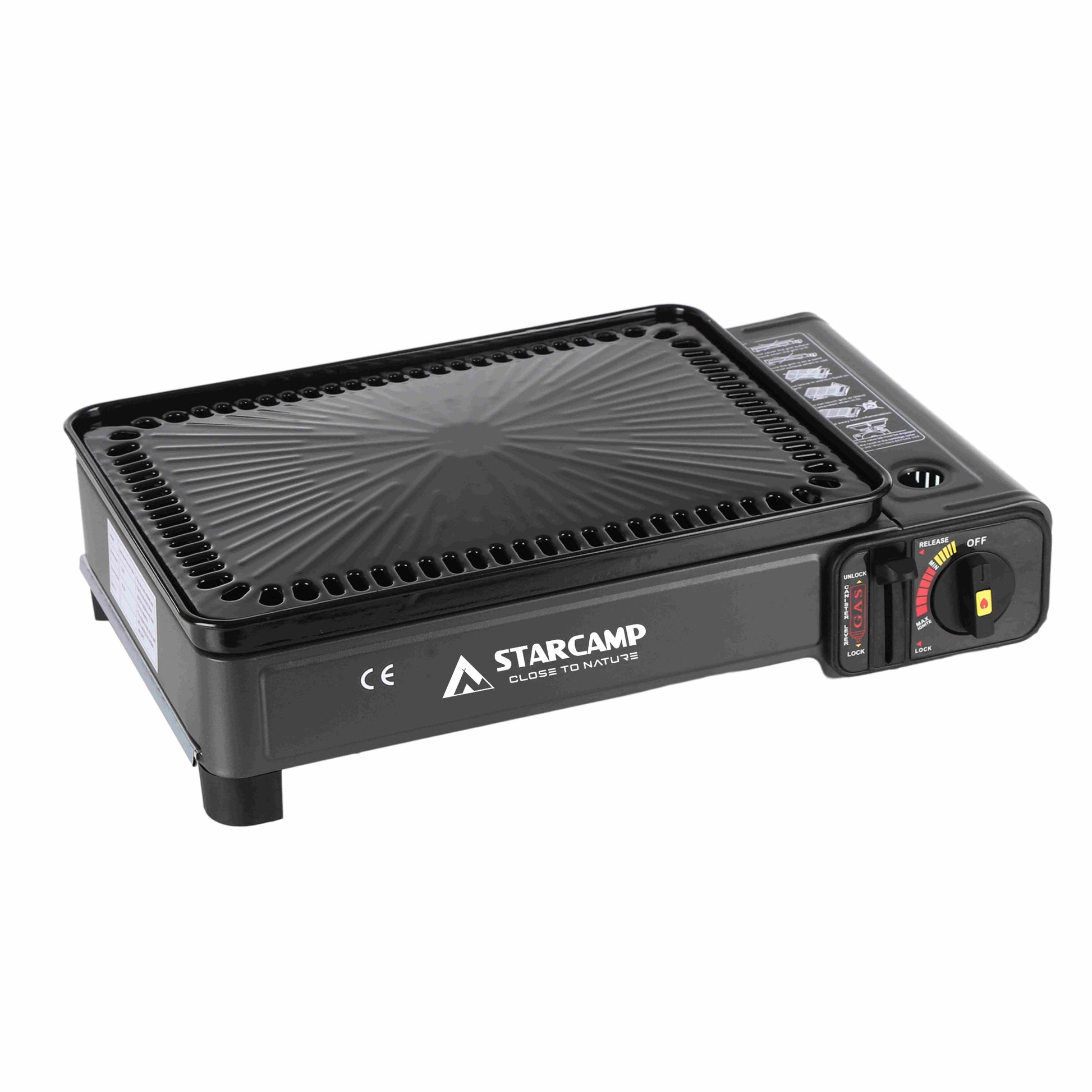 Black portable stove with 'Starcamp' branding on a white background