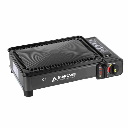 Black portable stove with 'Starcamp' branding on a white background