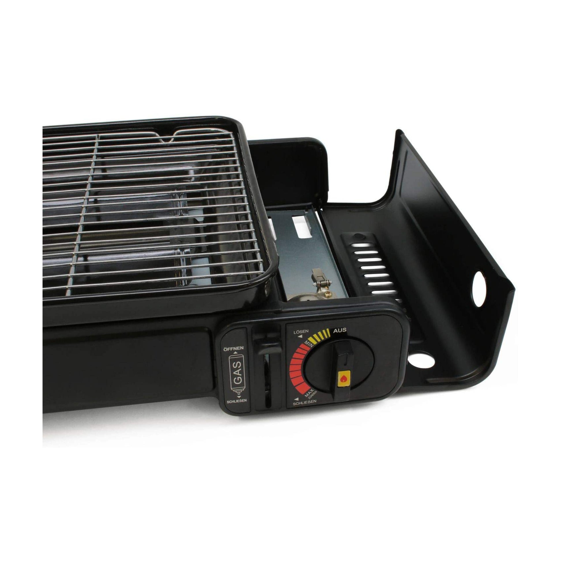 Portable gas grill with a control panel on a white background