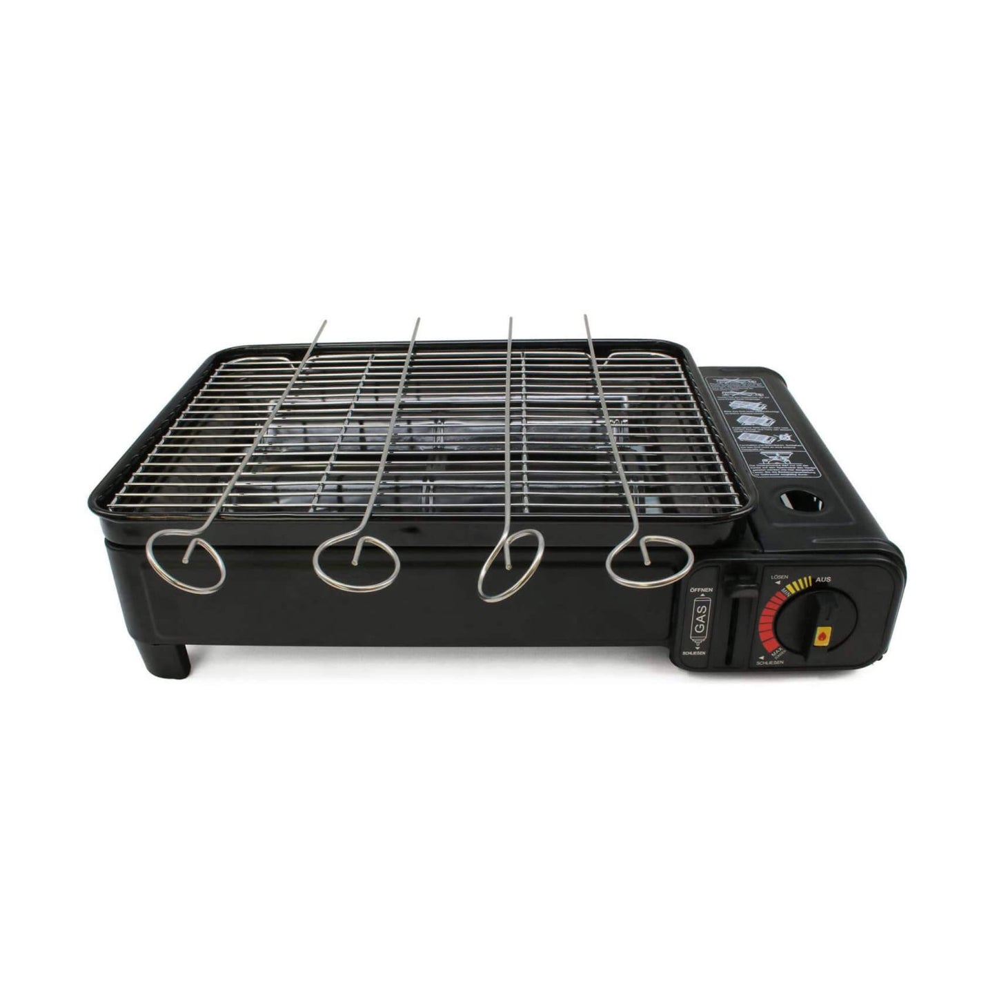 Black portable grill with metal skewers on a white background
