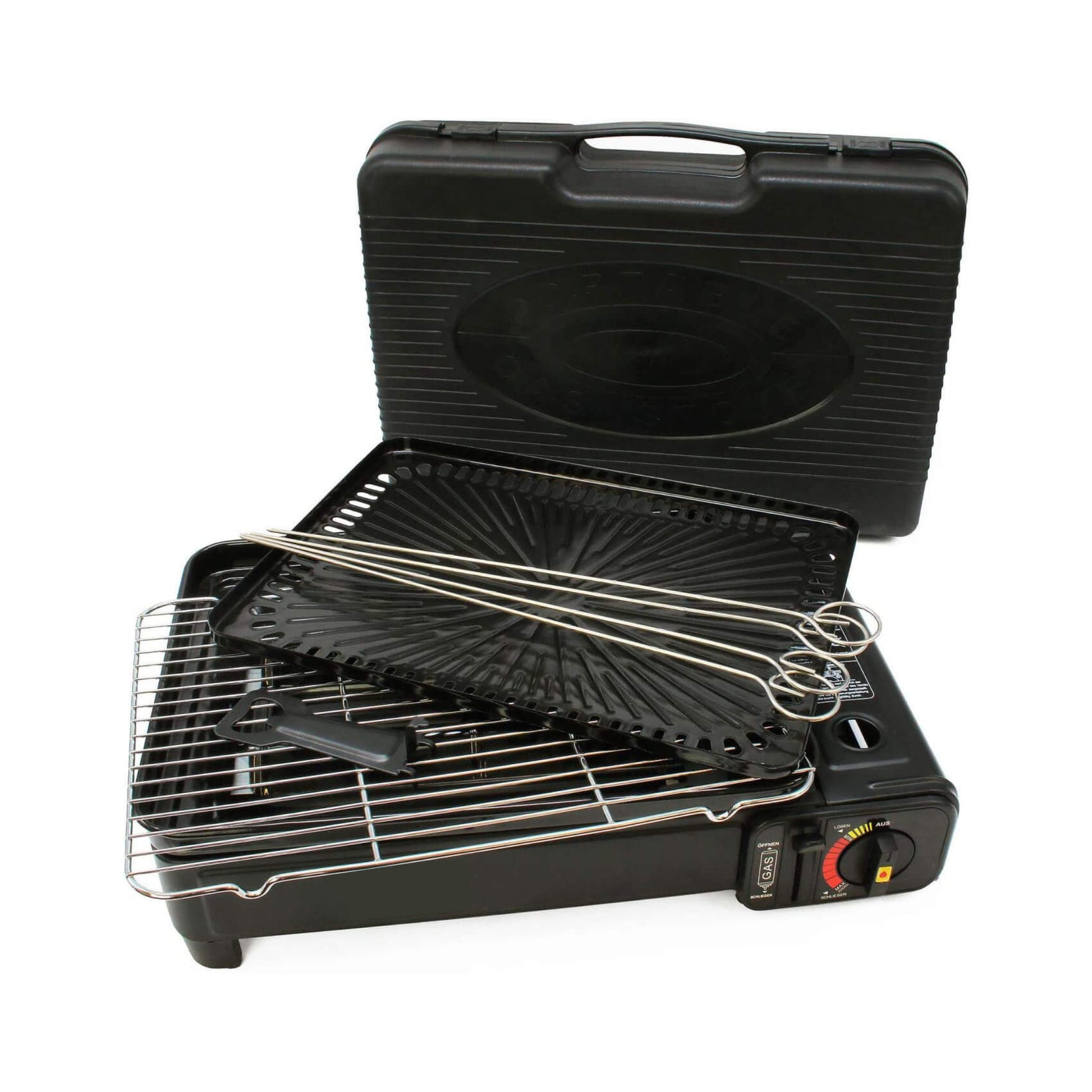 Portable grill with accessories in a black carrying case on a white background