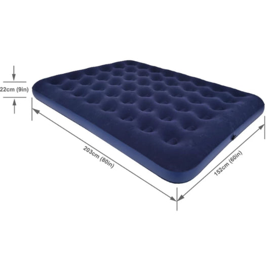 Close up of queen inflatable air mattress soft navy blue flocked velour non-slip top with coil beam construction