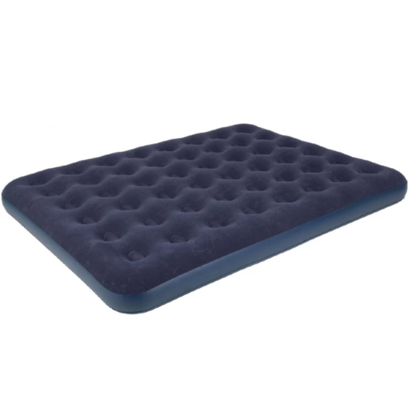 Queen size inflatable air mattress in navy blue with soft flocked velour top and heavy duty PVC vinyl base at 203 x 152 x 22cm