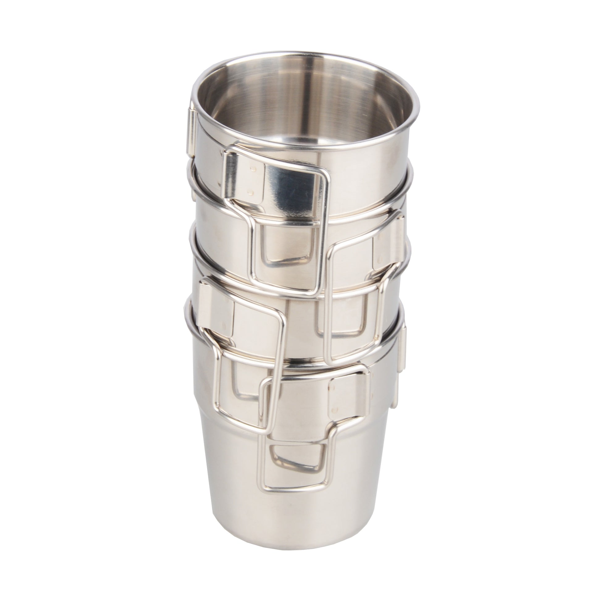 STARCAMP four 300ml stainless steel camping cups stacked and nested together for compact group camping storage