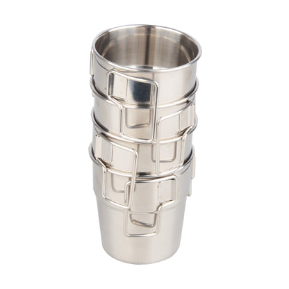 STARCAMP four 300ml stainless steel camping cups stacked and nested together for compact group camping storage