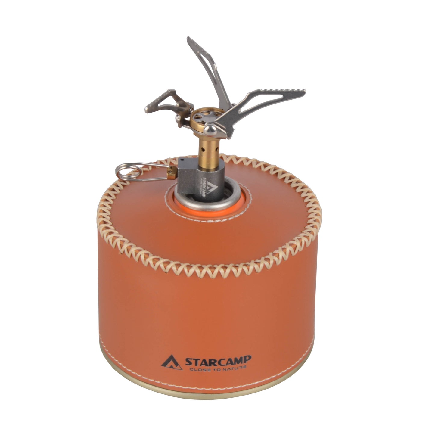 Camping stove with leather cover on a white background, featuring the Starcamp brand.