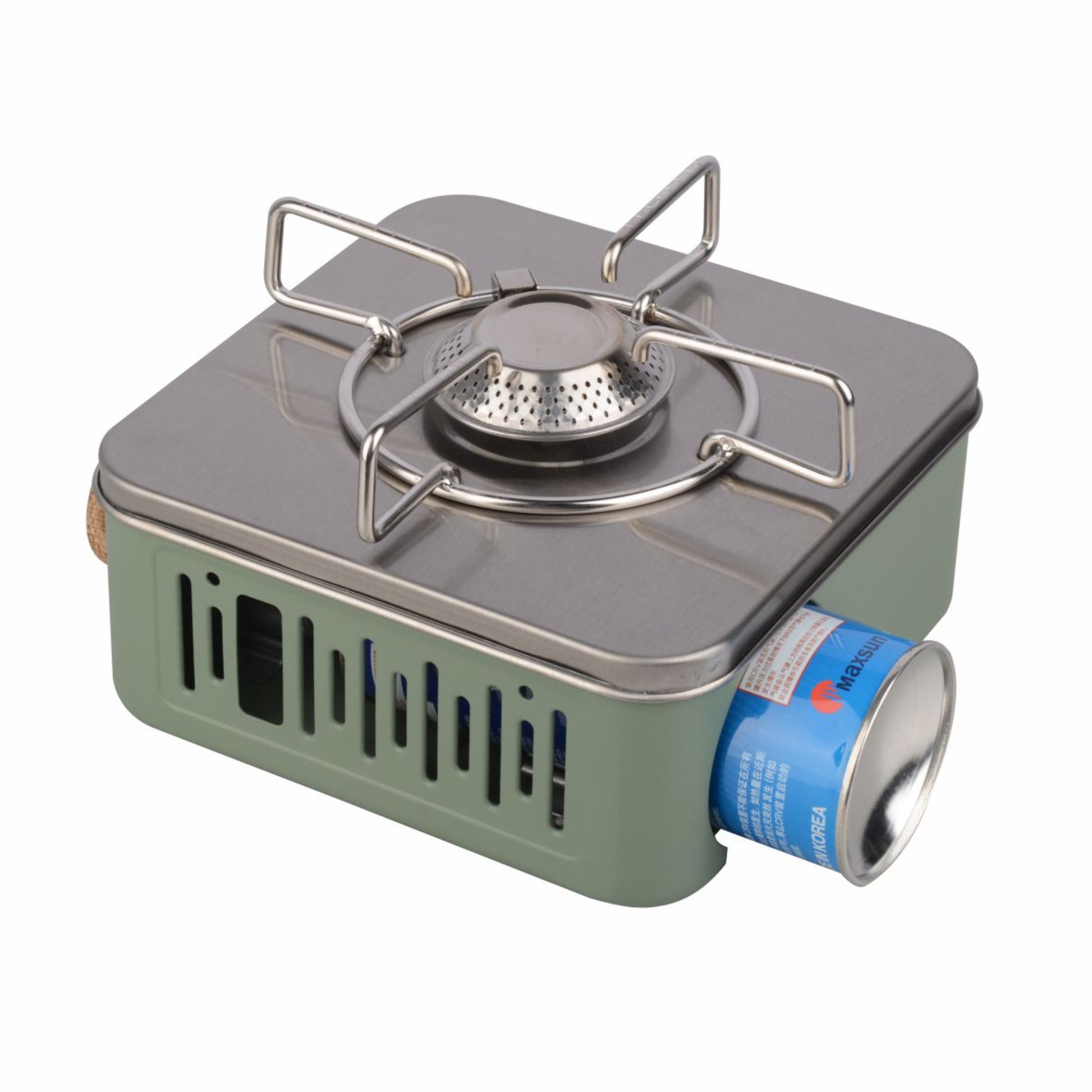 Portable gas stove with a canister on a white background