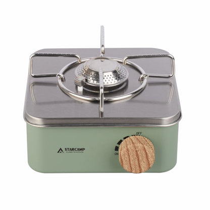 Close up of STARCAMP butane camping stove stainless steel burner and wire pot support