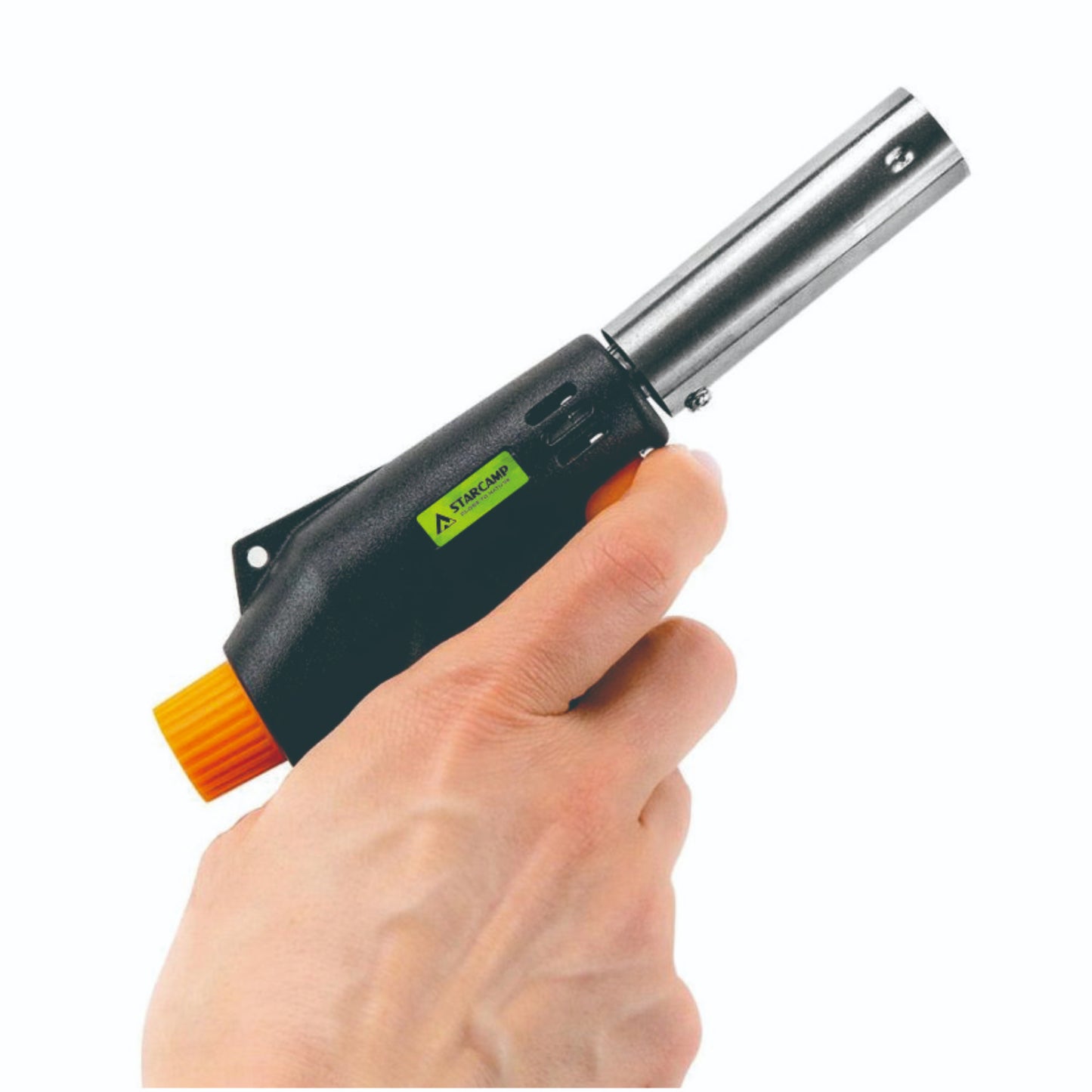 Close up of STARCAMP butane torch orange electronic ignition trigger and flow control knob