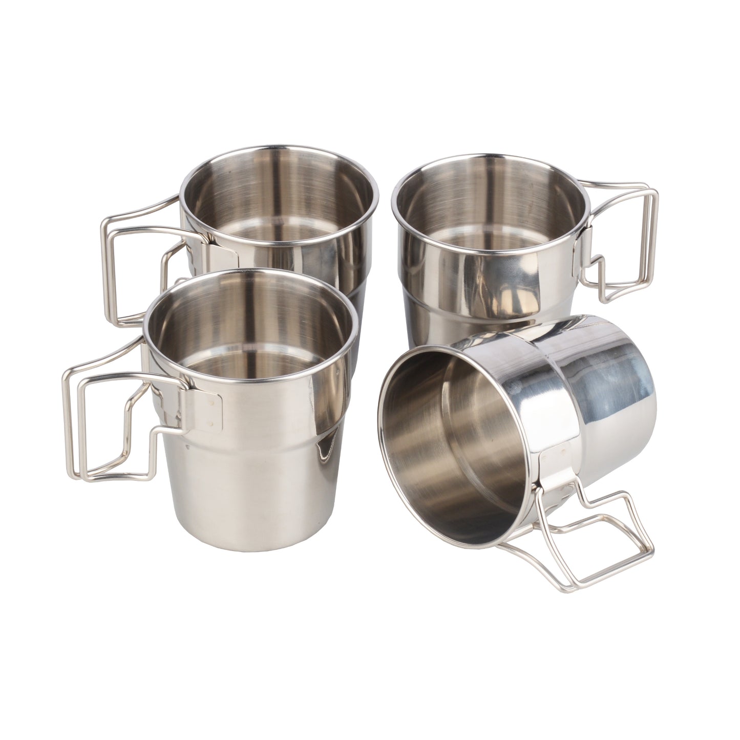 Single STARCAMP 300ml stainless steel camping cup showing polished finish and folding square wire handle