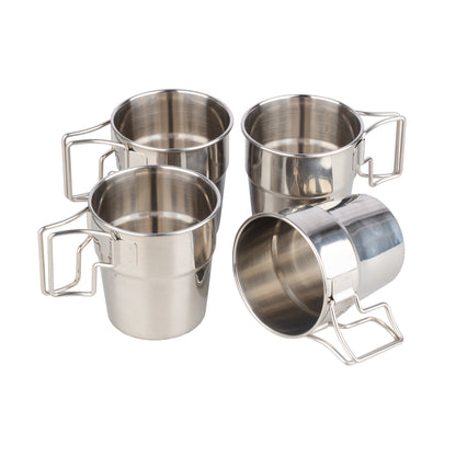 Single STARCAMP 300ml stainless steel camping cup showing polished finish and folding square wire handle