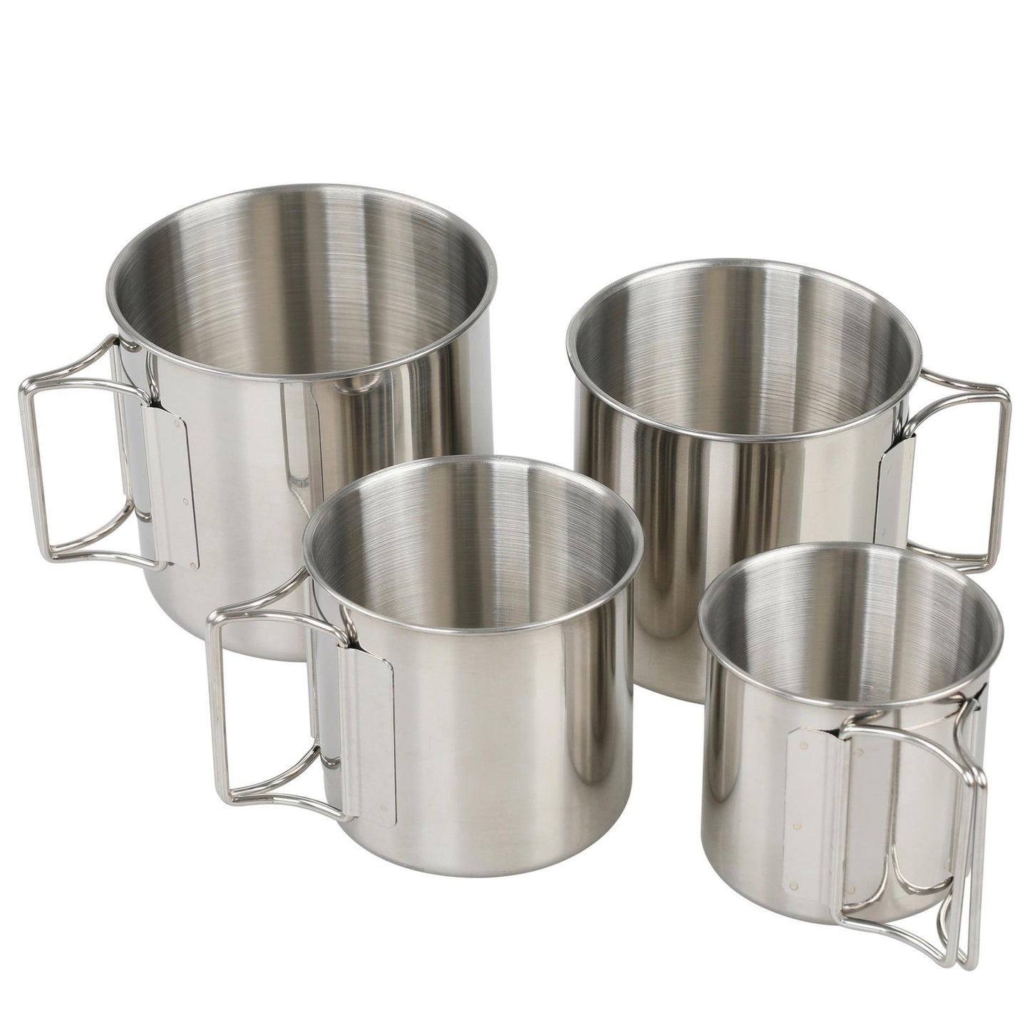 Close up of STARCAMP stainless steel camping cup folding wire handle mechanism for compact packing