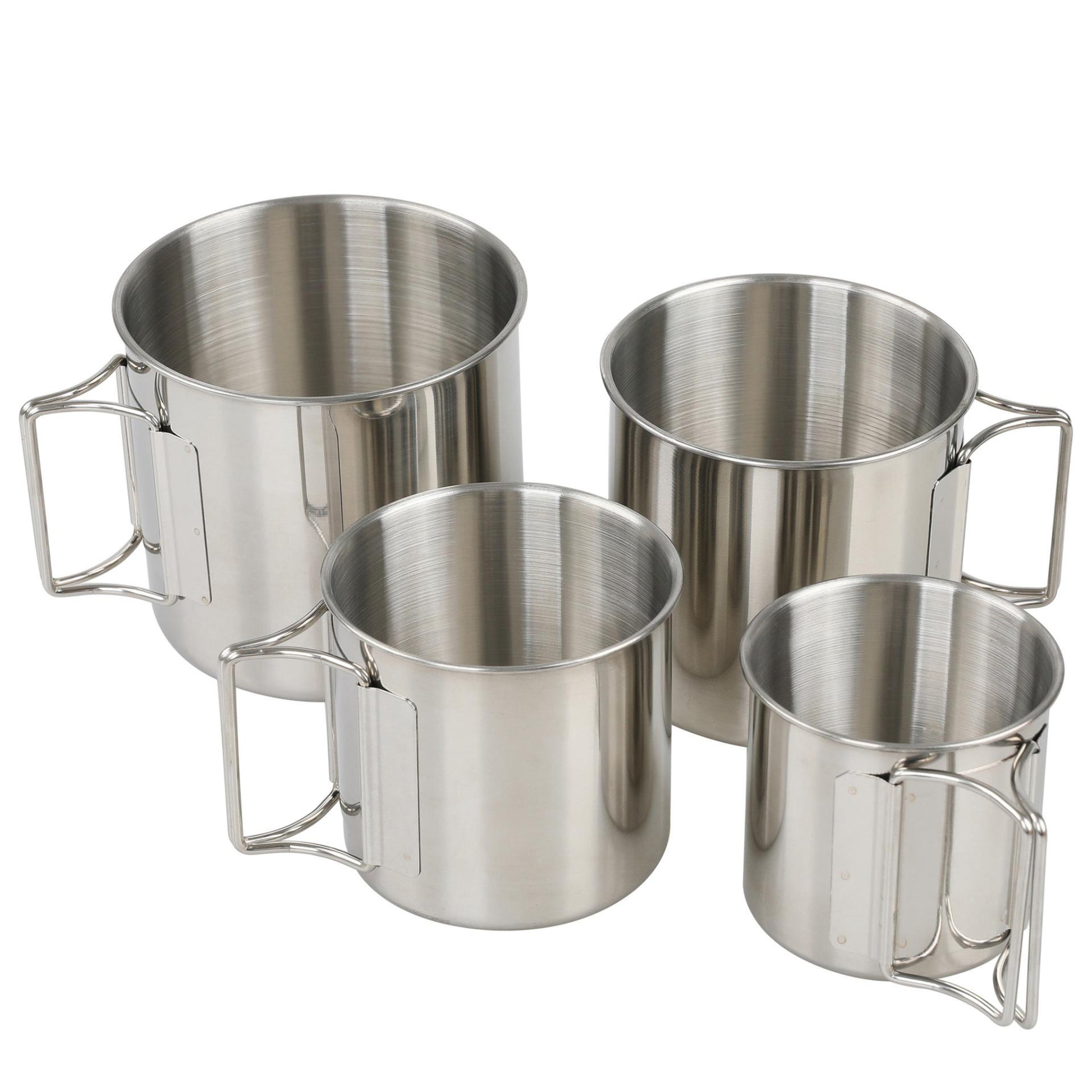 Close up of STARCAMP stainless steel camping cup folding wire handle mechanism for compact packing