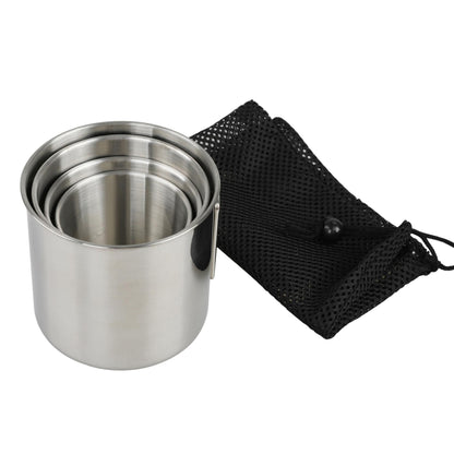 STARCAMP stainless steel camping cup set showing all four graduated sizes with folding wire handles and polished finish
