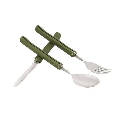 Close up of STARCAMP camping cutlery olive green canvas carry pouch with stitched edges and fold-over closure