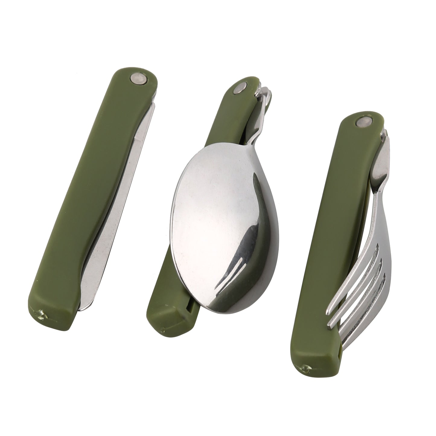 STARCAMP foldable camping fork, spoon and knife fully unfolded showing stainless steel heads and olive green handles