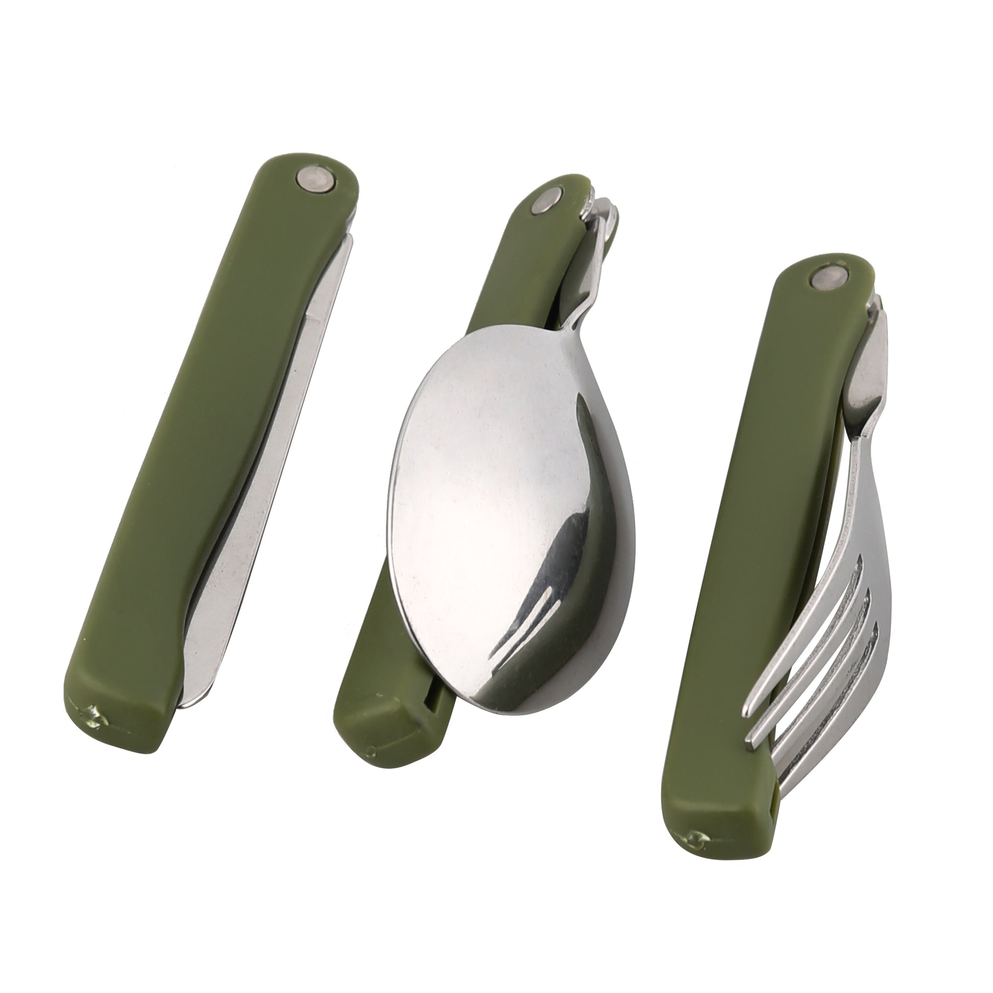 STARCAMP foldable camping fork, spoon and knife fully unfolded showing stainless steel heads and olive green handles