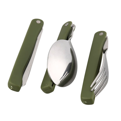 STARCAMP foldable camping fork, spoon and knife fully unfolded showing stainless steel heads and olive green handles