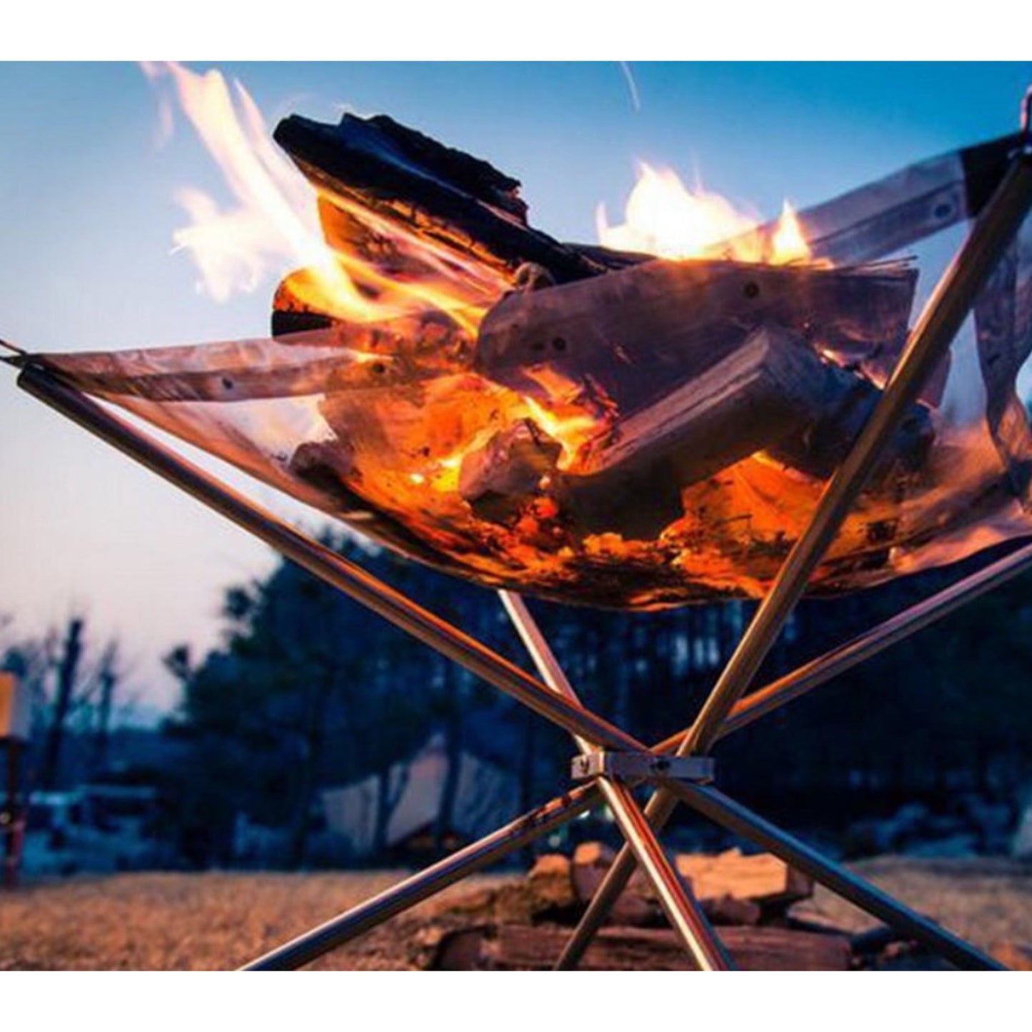 Side view of STARCAMP foldable camping fire pit fully set up at 42 x 42 x 32cm with stainless steel mesh bowl