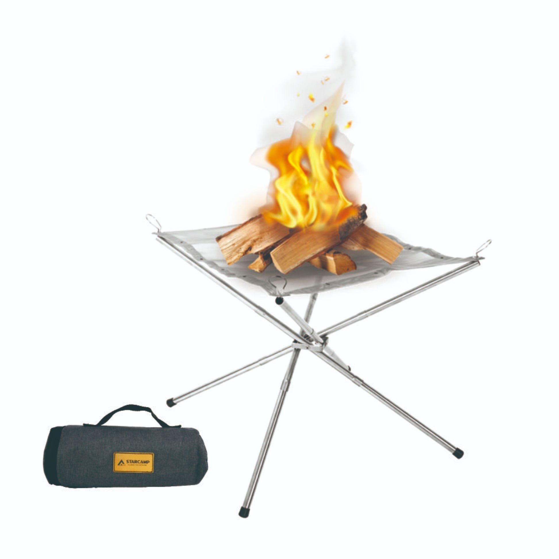 Close up of STARCAMP camping fire pit stainless steel mesh bowl suspended by four corner hooks for maximum airflow