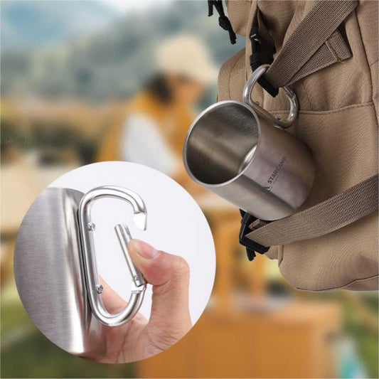 Close up of STARCAMP camping mug carabiner handle for clipping onto backpack belt loop or tent