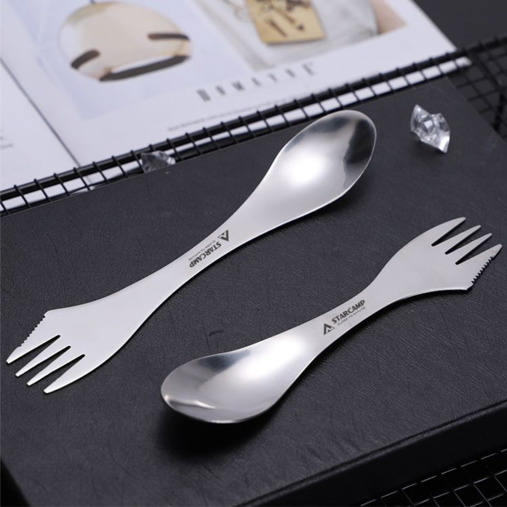 STARCAMP engraved logo and branding on polished stainless steel camping spork handle