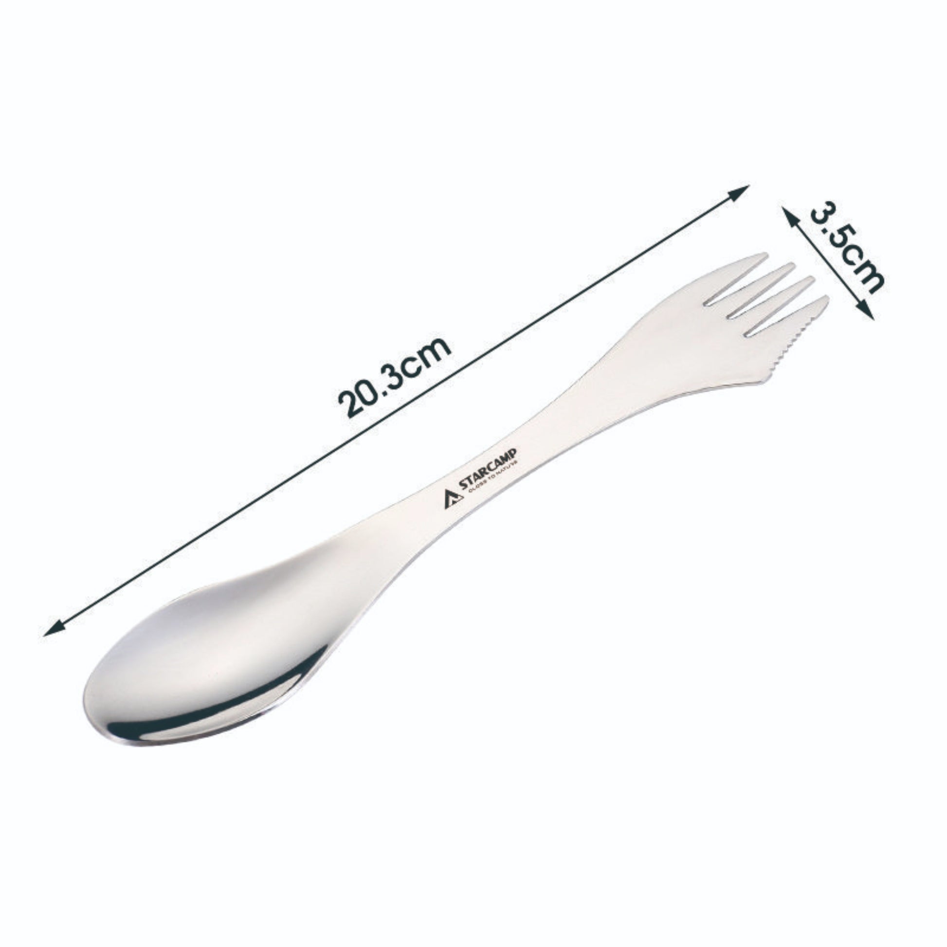 Close up of STARCAMP stainless steel camping spork fork tines end with serrated edge and polished finish