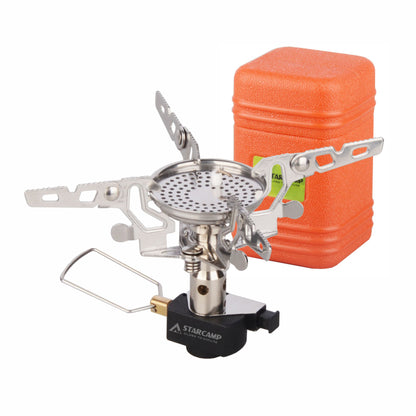 Top view of STARCAMP camping stove wide circular burner head with heat diffuser plate and 14.3cm pot support diameter