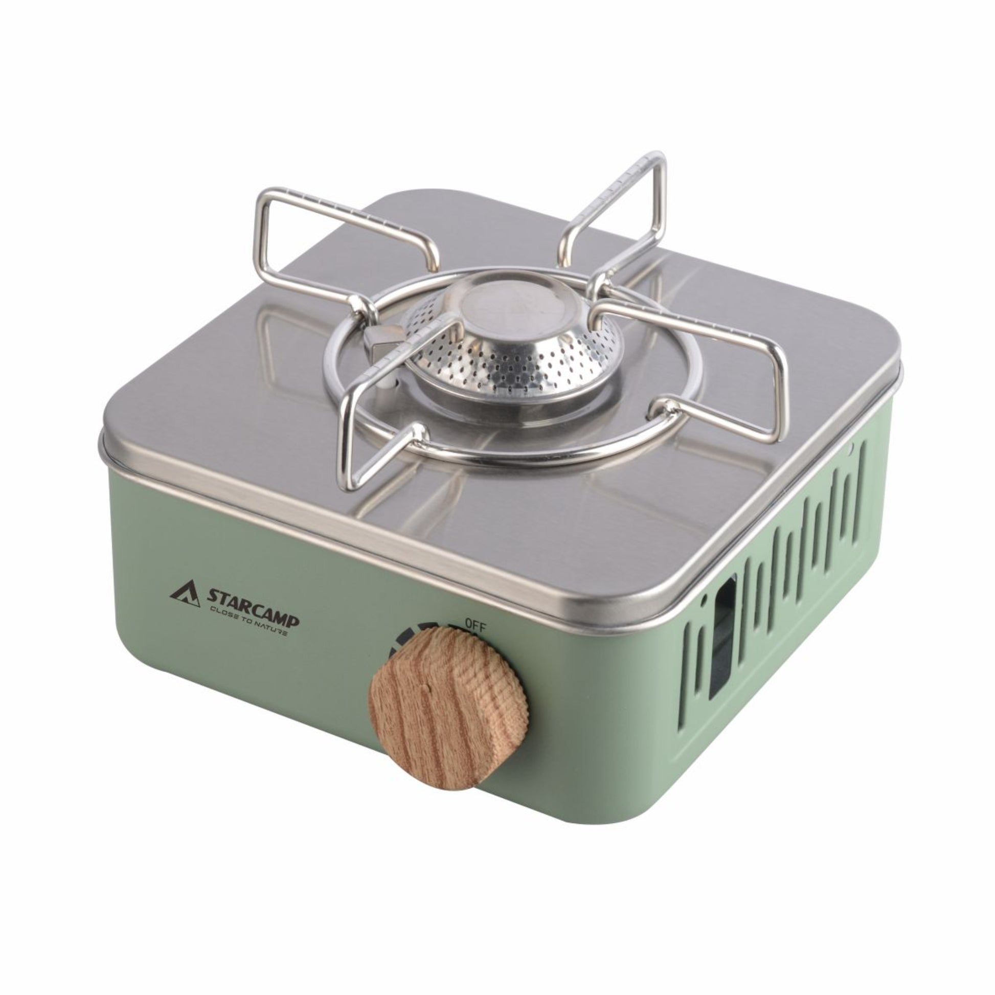 STARCAMP compact 2800W butane camping stove in sage green with wood knob and stainless steel top