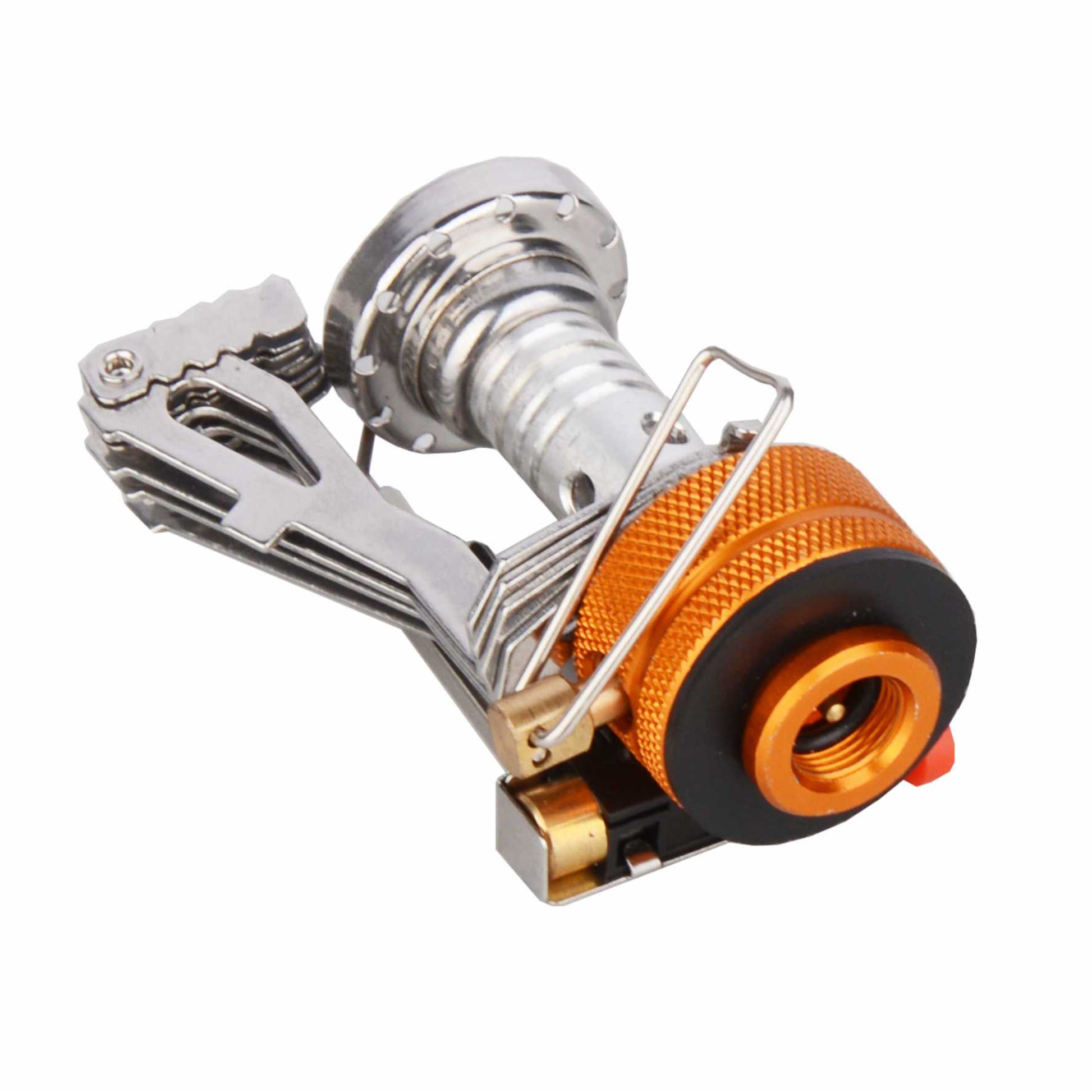 Metallic camping stove with orange accents on a white background