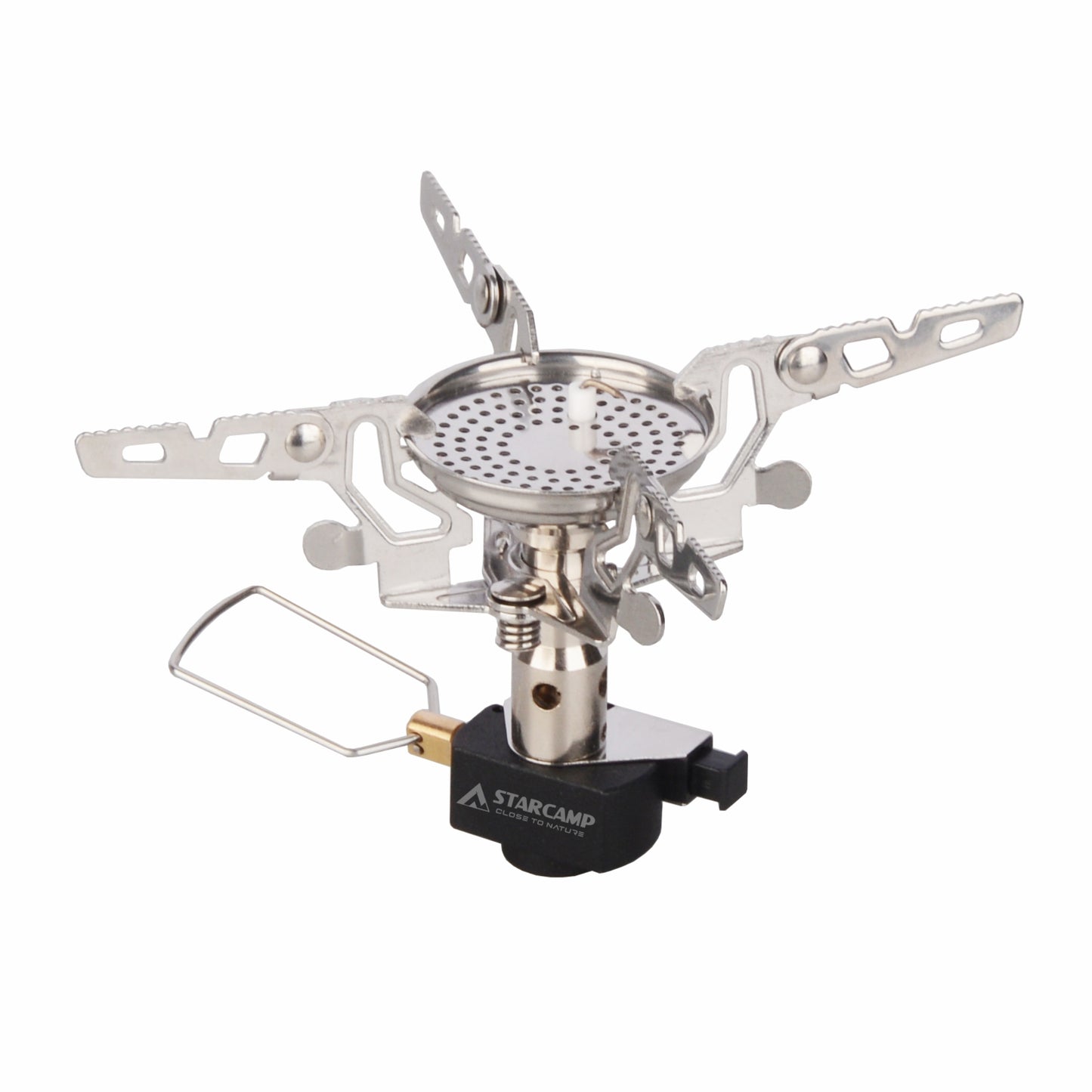 STARCAMP 3000W compact camping stove with wide heat diffuser burner head and four foldable serrated pot support arms