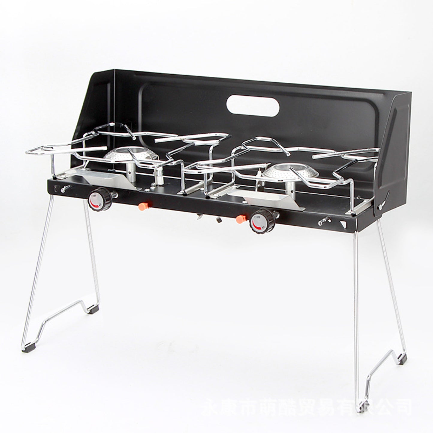 STARCAMP double burner camp stove with tall wind shield, chrome folding legs and two independent burners