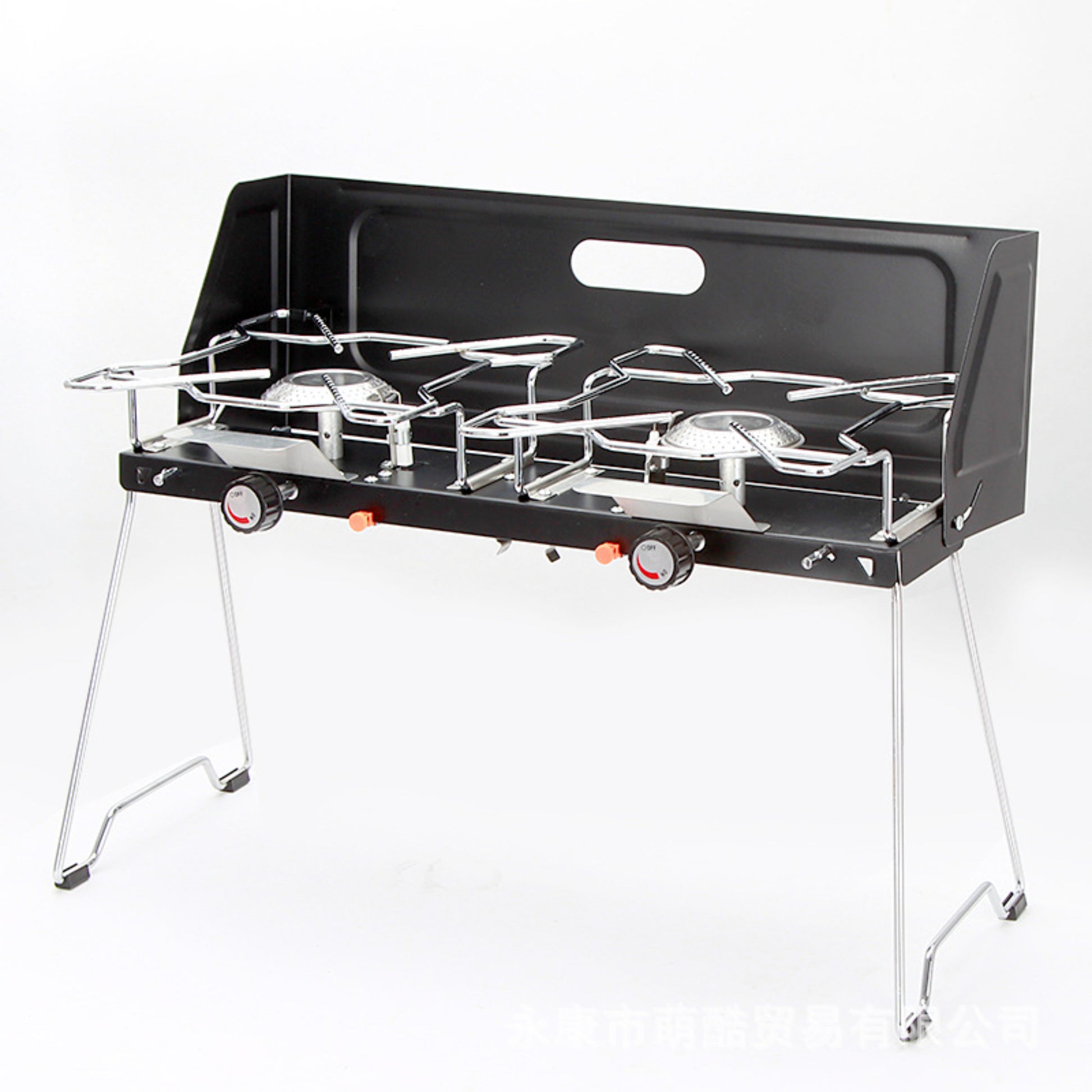 STARCAMP double burner camp stove with tall wind shield, chrome folding legs and two independent burners
